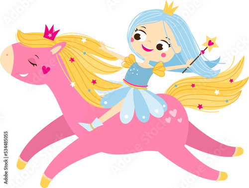 Cartoon princess girl riding on cute pink unicorn vector illustration