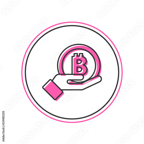 Filled outline Hand holding Bitcoin icon isolated on white background. Blockchain technology, digital money market, cryptocoin wallet. Vector