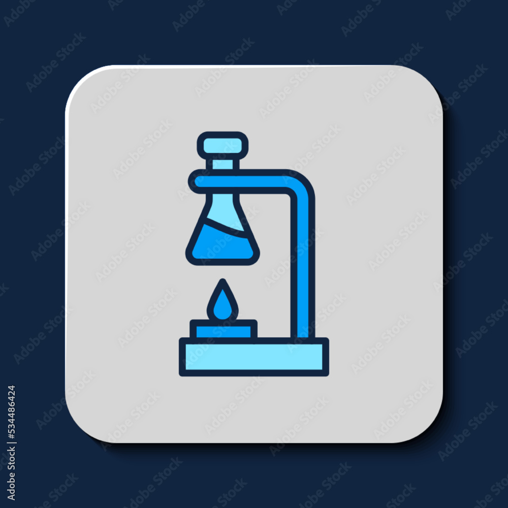Filled outline Glass test tube flask on fire heater experiment icon isolated on blue background. Laboratory equipment. Vector Filled outline Glass test tube flask on fire heater experiment icon isolated on blue background. Laboratory equipment. Vector