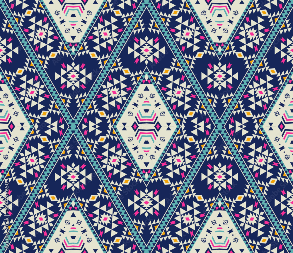Colorful aztec pattern. Navajo pattern. Vector ethnic colorful patchwork aztec navajo diamond shape seamless pattern background. Use for fabric, interior decoration elements, upholstery, wrapping. - obrazy, fototapety, plakaty 