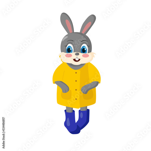A cute rabbit in a yellow jacket and rubber boots. Illustration concept of autumn plot. Symbol of the new year. Chinese calendar for 2023. Hare 2023 new year