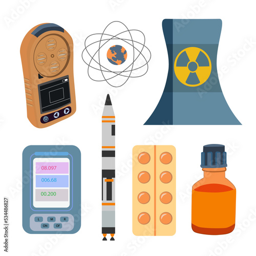 Vector set radiation pollution, dosimeter, nuclear threat, atom, iodine prevention, nuclear power plant. Isolated elements, teaching material