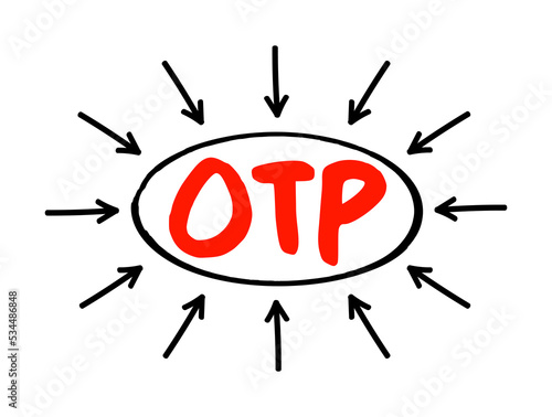 OTP - One Time Password is a password that is valid for only one login session or transaction, on a computer system or other digital device, acronym concept with arrows