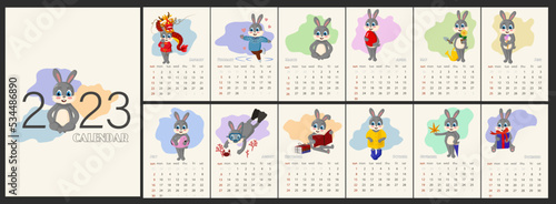 Calendar design for 2023 with funny rabbit and various seasonal events. Calendar design concept of cute hare and spots, new year character. Set for 12 months. Wall calendar