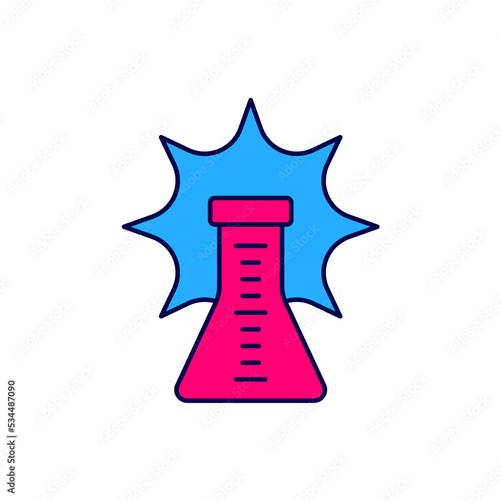 Filled outline Chemical experiment, explosion in the flask icon isolated on white background. Chemical explosion in a test tube. Vector Filled outline Chemical experiment, explosion in the flask icon isolated on white background. Chemical explosion in a test tube. Vector