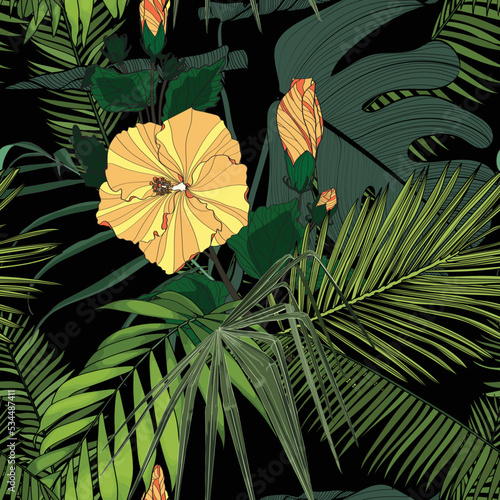 Tropical plant, palm leaves. Hibiscus Flowers and exotic plant. Aquatic plants, Japanese and Chinese illustration.