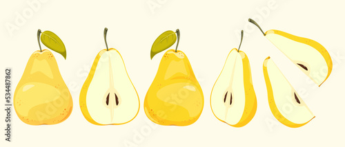 A set of yellow pears.Whole pear, pieces of pear, sliced pears. Ripe garden fruits. A set of yellow pears.