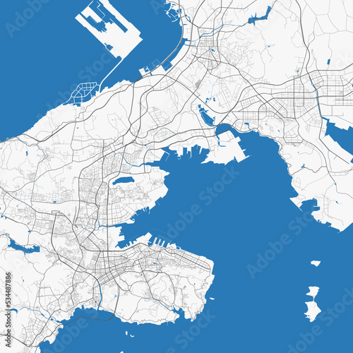Dalian vector map. Detailed map of Dalian city administrative area. Cityscape panorama illustration. Road map with highways, streets, rivers.