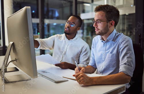 Obraz na plátně Business meeting, marketing at night with computer or teamwork planning, collaboration or innovation strategy in startup company