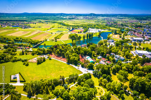 Aerial view of Korana river and green landscape in town of Karlovac