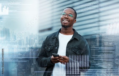 Canvas Print Overlay, phone and black man trading on the stock market happy about his future financial investments