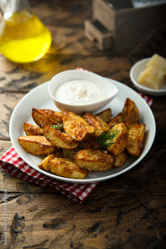 Roasted potato wedges with cheese and spices Roasted potato wedges with cheese and spices