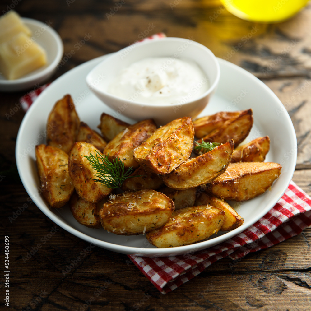 Roasted potato wedges with cheese and spices Roasted potato wedges with cheese and spices