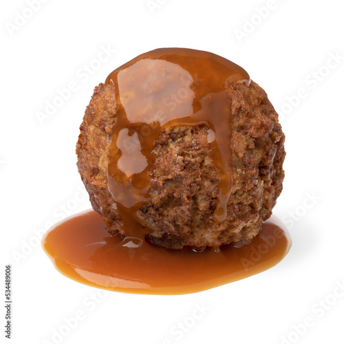 Fotografie Traditional Dutch baked meatball and gravy isolated on white background