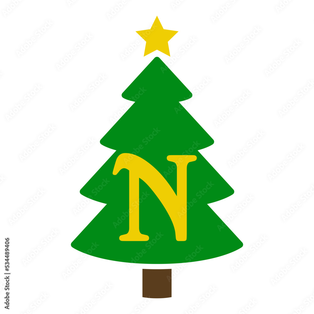 Fototapeta premium Logo con letra inicial N en silueta de árbol de navidad abstracto con estrella. Icono plano aislado