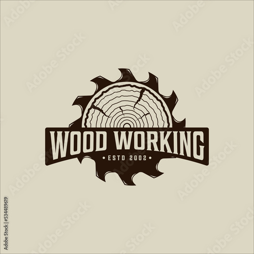 sawmill and wooden logo vector vintage illustration template icon graphic design. carpentry tool and carpenter sign or symbol for professional woodworking with typography retro style