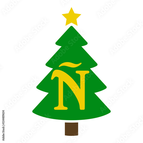 Logo con letra inicial Ñ en silueta de árbol de navidad abstracto con estrella. Icono plano aislado