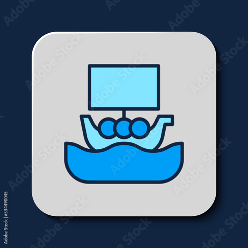 Filled outline Ancient viking scandinavian drakkar icon isolated on blue background. Viking transport ship. Vector