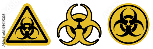 Biohazard warning symbols in vector. Black and yellow signs with edging, in the form of a circle and a triangle