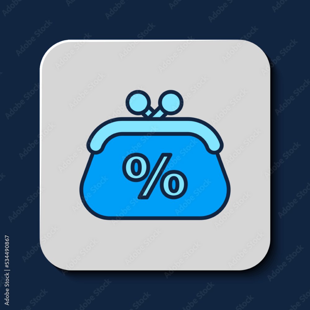 Filled outline Purse money percent icon isolated on blue background. Percent loyalty wallet sign. Vector Filled outline Purse money percent icon isolated on blue background. Percent loyalty wallet sign. Vector