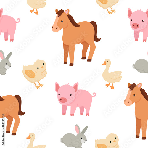 Cute cartoon rabbit, pig and horse. Vector flat cartoon seamless pattern on white background. Farm animals