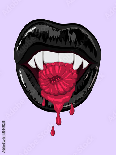 Illustration of vampire lips and fangs biting dripping red raspberry.