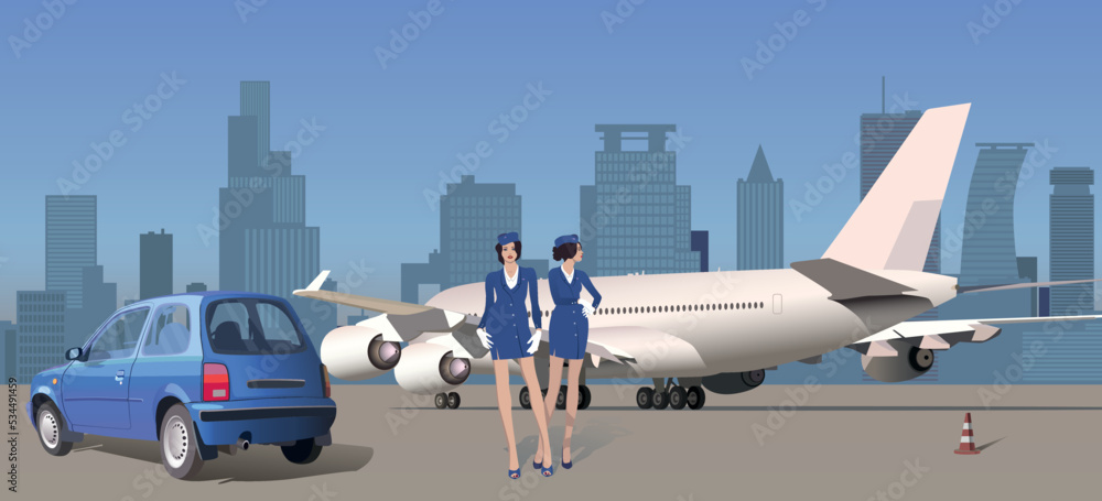 Stewardesses at the airport near the aircraft and cars. Vector.