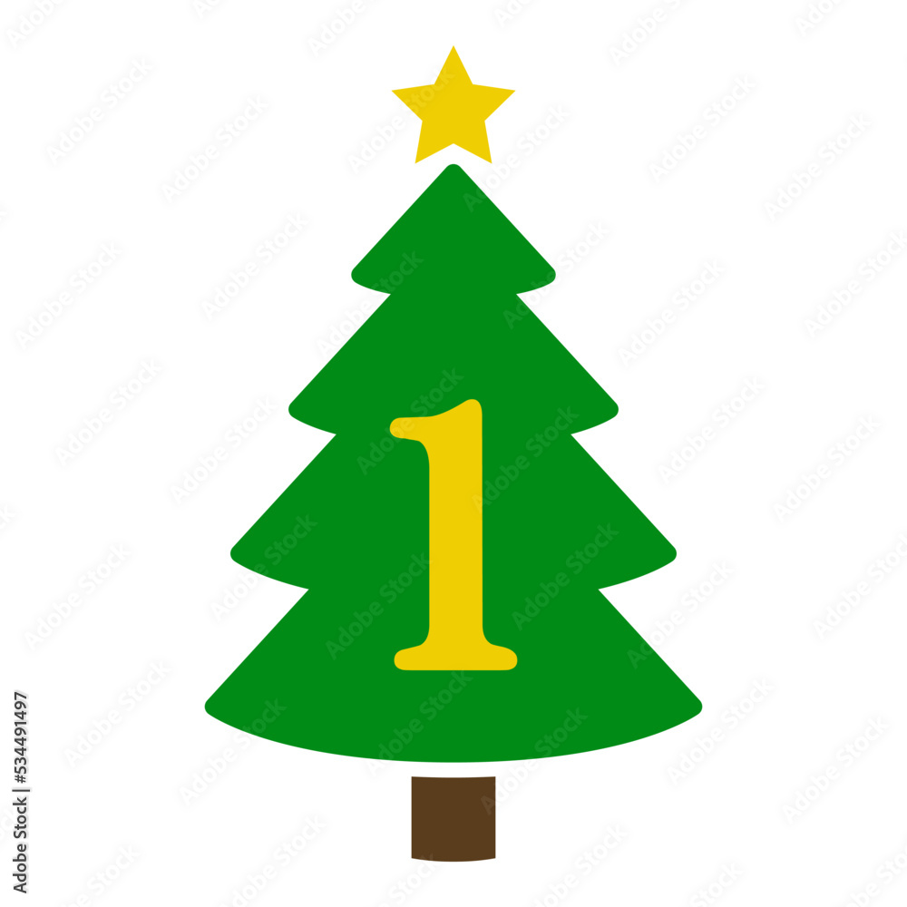 Logo con número 1 en silueta de árbol de navidad abstracto con estrella. Icono plano aislado Logo con número 1 en silueta de árbol de navidad abstracto con estrella. Icono plano aislado