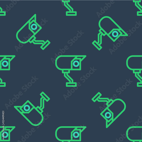 Line Security camera icon isolated seamless pattern on blue background. Vector