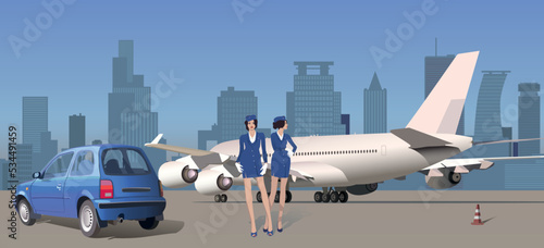 Stewardesses at the airport near the aircraft and cars. Vector.