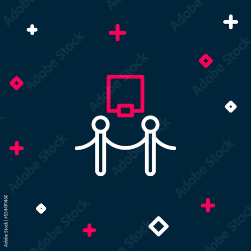Line Picture frame and rope barrier icon isolated on blue background. Exhibit protection. Museum gallery interior. Colorful outline concept. Vector
