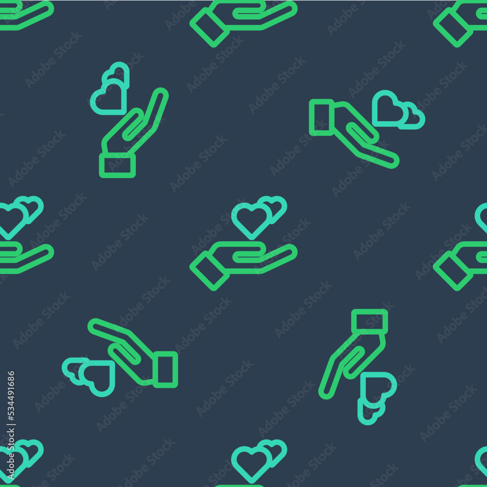 Line Heart in hand icon isolated seamless pattern on blue background. Hand giving love symbol. Valentines day symbol. Vector Line Heart in hand icon isolated seamless pattern on blue background. Hand giving love symbol. Valentines day symbol. Vector