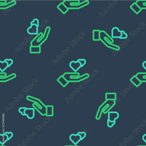 Line Heart in hand icon isolated seamless pattern on blue background. Hand giving love symbol. Valentines day symbol. Vector