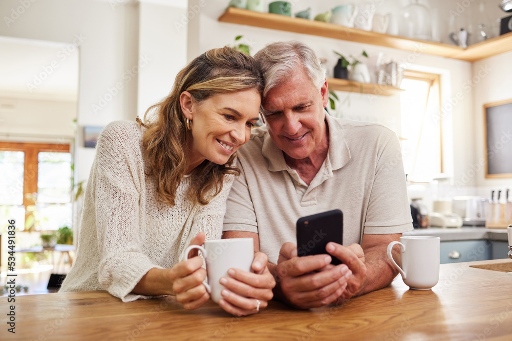 Senior couple on smartphone reading online social media post, search holiday house website or retirement planning inspiration with home wifi. Happy elderly pension people with cellphone chat app - obrazy, fototapety, plakaty 