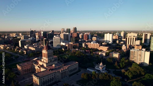 Golden Hour aerial shot of Winnipeg skyline with Legislative Building. photo