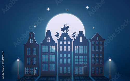Celebration Dutch holidays - Saint Nicholas or Sinterklaas is coming to town at night - paper art graphic