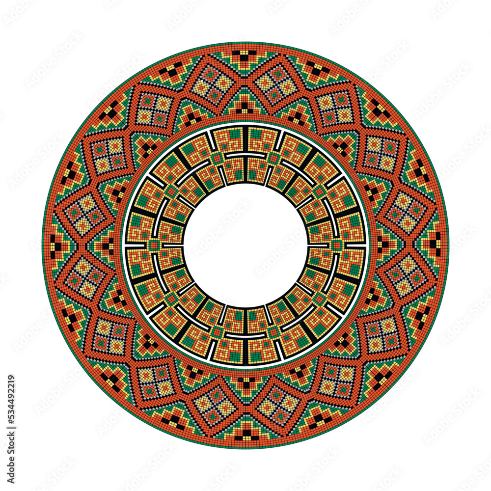 Round plate with colorful geometric pattern isolated on white background