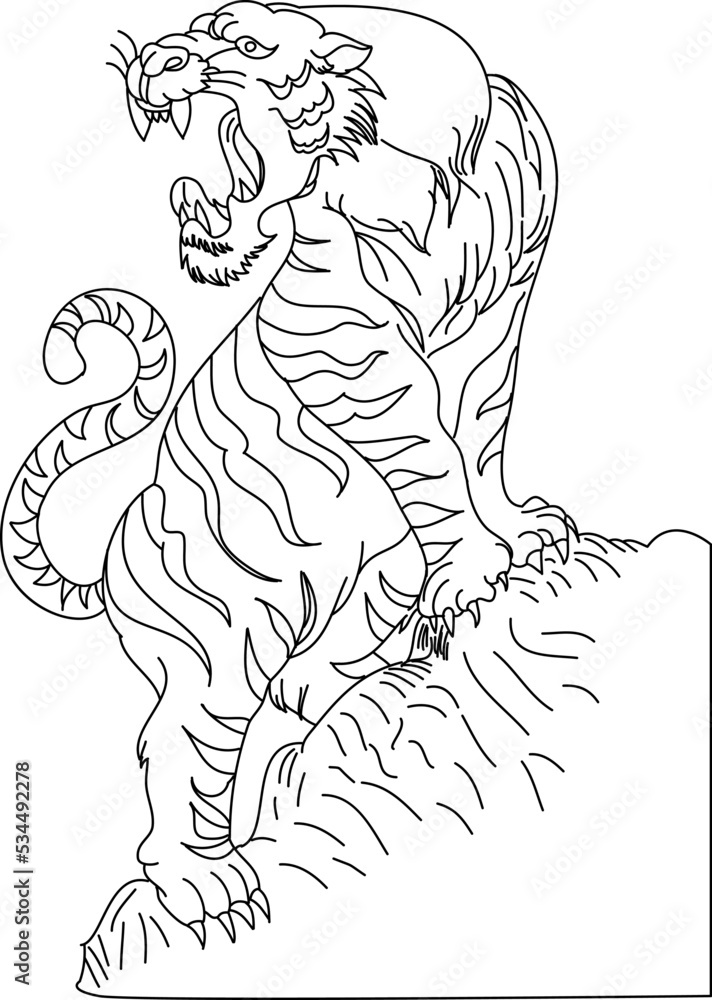 Tiger Sticker tattoo design,Cartoon tiger on black background.Vector