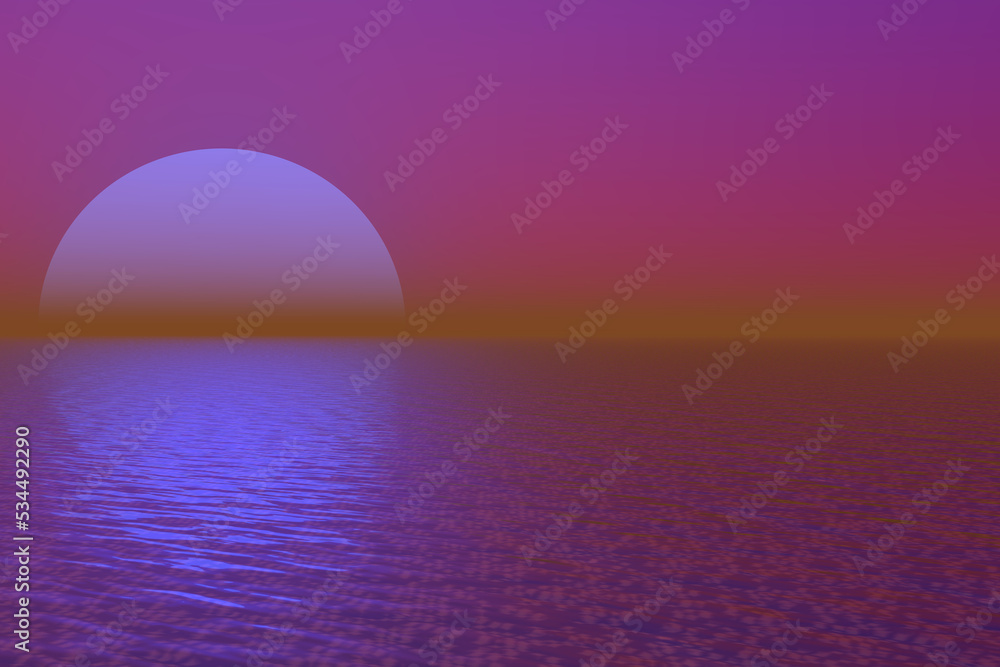 abstract scene surreal sun pver violet water easy for title 3d rendering
