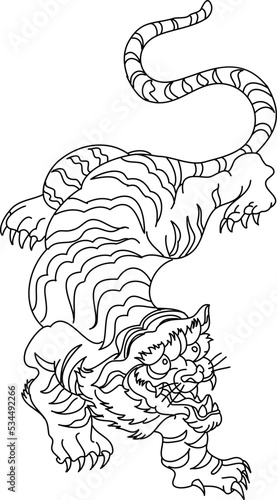 Tiger Sticker tattoo design,Cartoon tiger on black background.Vector