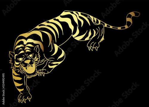 Tiger Sticker tattoo design,Cartoon tiger on black background.Vector © Umaporn