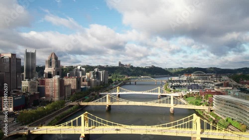 Pittsburgh's Yellow Steel Bridges. Downtown Pittsburgh and PNC Park. photo