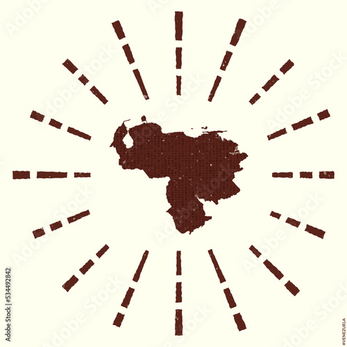 Venezuela Logo. Grunge sunburst poster with map of the country. Shape of Venezuela filled with hex digits with sunburst rays around. Trendy vector illustration.