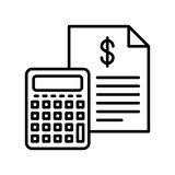 Business calculating icon with with document, calculator and dollar in black outline style