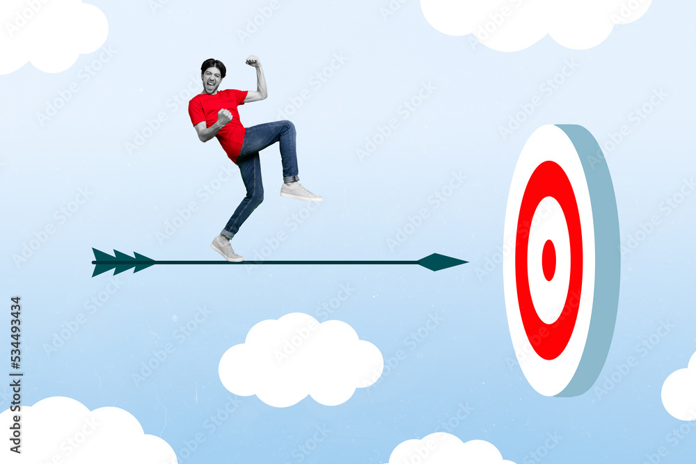 Composite collage picture of excited delighted guy stand flying arrow darts board target raise fists isolated on clouds sky background