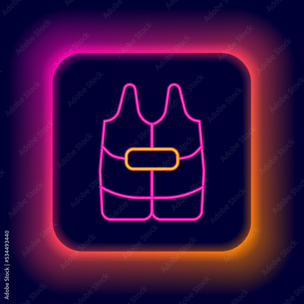 Glowing neon line Life jacket icon isolated on black background. Life vest icon. Extreme sport. Sport equipment. Colorful outline concept. Vector Glowing neon line Life jacket icon isolated on black background. Life vest icon. Extreme sport. Sport equipment. Colorful outline concept. Vector
