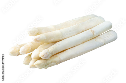 Fresh ripe white asparagus in bunch isolated on a white background. Full Depth of field. Focus stacking photo