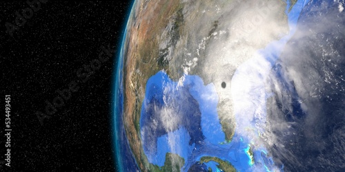Hurrican Ian in South Carolina. Planet Earth seen from Space. Extremely detailed and realistic high resolution 3D weather illustration. Elements of this image have been furnished by NASA.