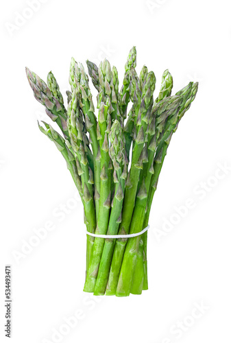Fresh ripe green asparagus in bunch isolated on a white background. Full Depth of field. Focus stacking