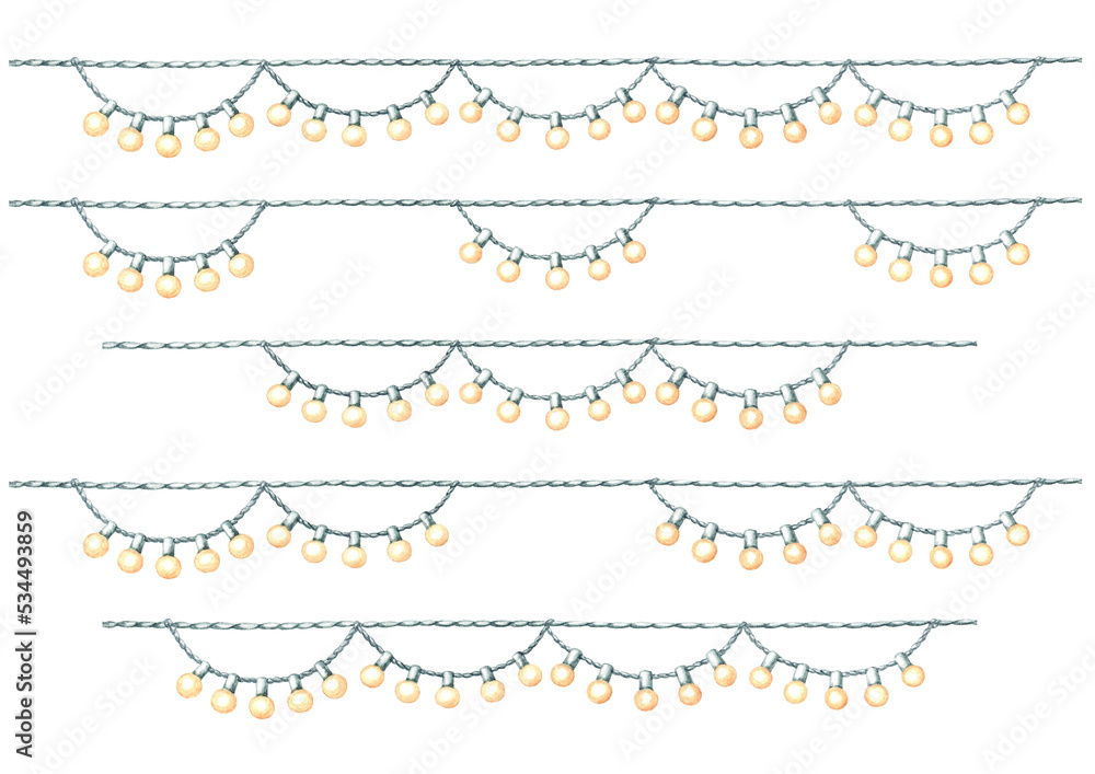 An isolated watercolor illustration of various groups of different yellow light bulb garlands hanging on ropes with an aquarelle paper texture for design of text, labels, greeting and invitation cards An isolated watercolor illustration of various groups of different yellow light bulb garlands hanging on ropes with an aquarelle paper texture for design of text, labels, greeting and invitation cards